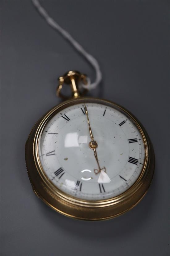 M & T Dutton, London, a George III gold engine-turned pierced pair-cased pocket watch, No. 1516, with repeating movement
